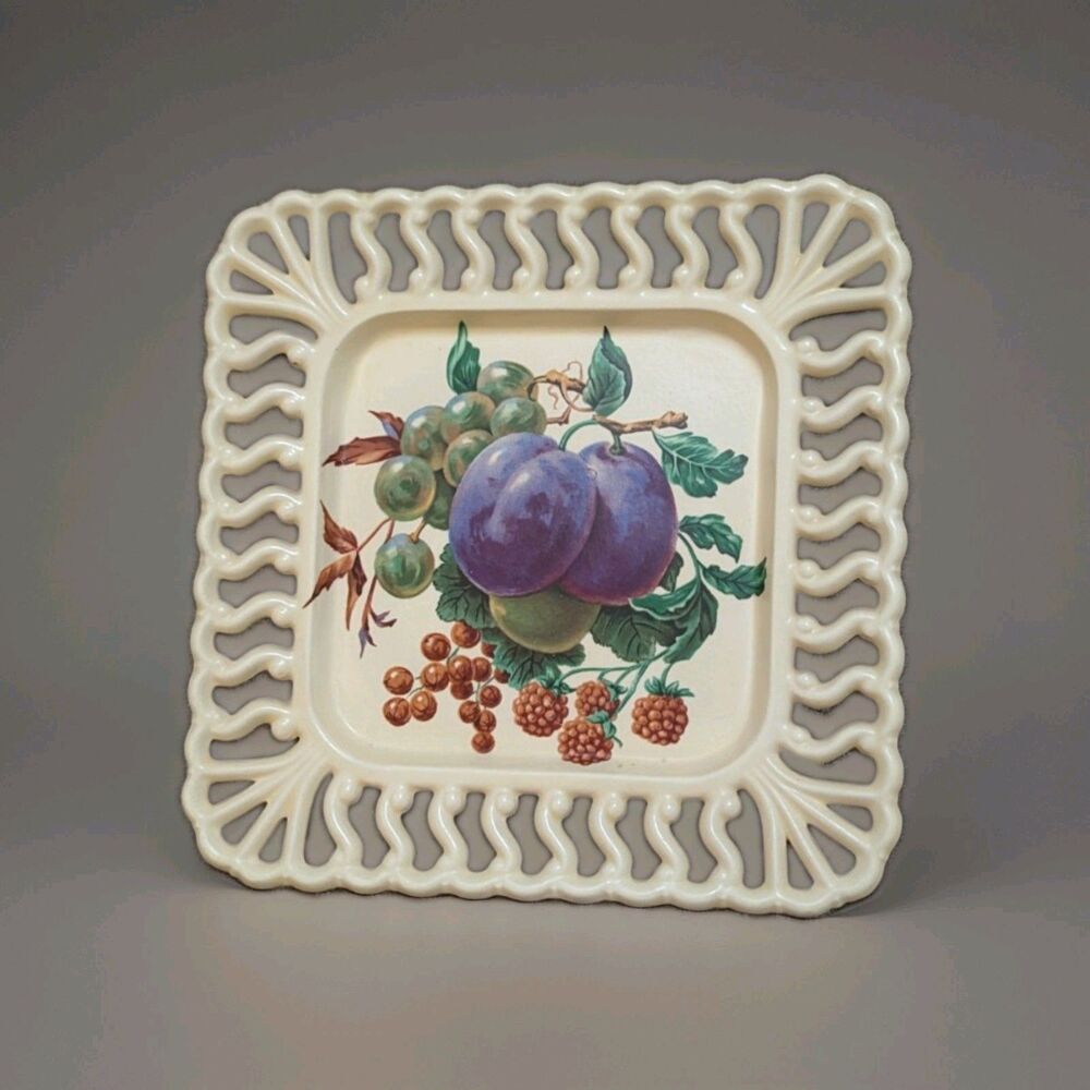 Vintage Scotti Italian Metal Plate Basket Hand Painted Fruit Openwork Rim 8.5"